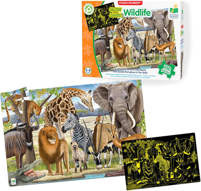 Puzzle Doubles Glow in the Dark - Wildlife - 100 Piece Puzzles, Glow in the Dark Puzzle for Kids Puzzles Ages 4-8, Award Winning Educational Toys