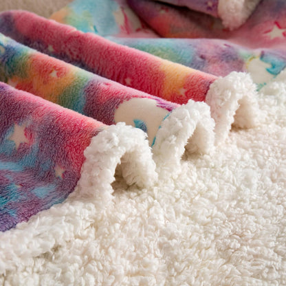 Glow in the Dark Sherpa Unicorn Throw Blanket for Boys Girls, Luminous Rainbow Thick Blanket Birthday for Kids Toddlers, Cozy Soft Fluffy Flannel Nap Sleep Blanket, 50" X 60"