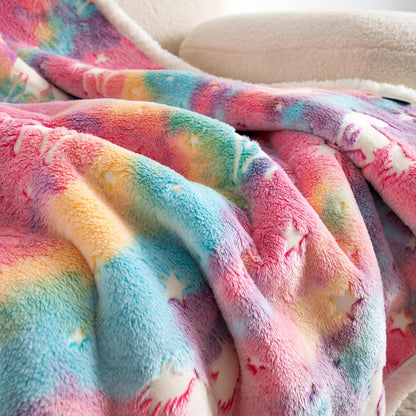 Glow in the Dark Sherpa Unicorn Throw Blanket for Boys Girls, Luminous Rainbow Thick Blanket Birthday for Kids Toddlers, Cozy Soft Fluffy Flannel Nap Sleep Blanket, 50" X 60"