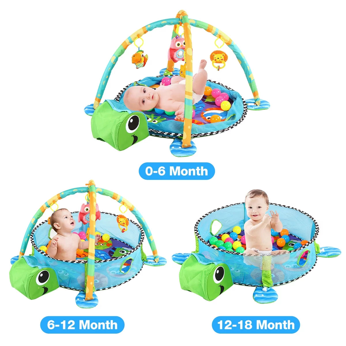 3-In-1 Baby Gym and Play Mat, Baby Activity with Ocean Ball Sensory Toys, 0-36 Months