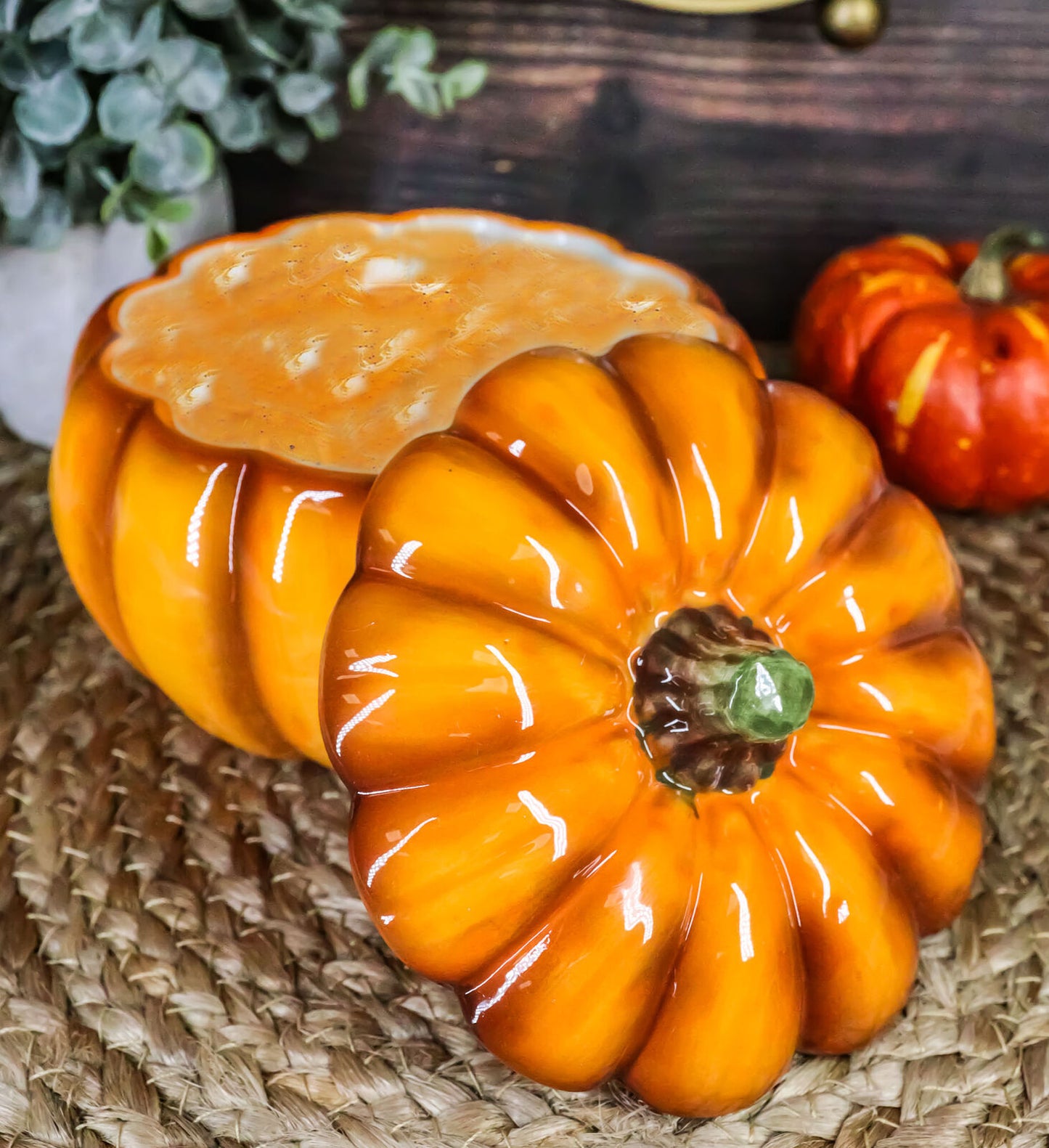 Ebros Home and Kitchen Orange Ceramic Pumpkin Soup or Dessert Bowl Set of 2