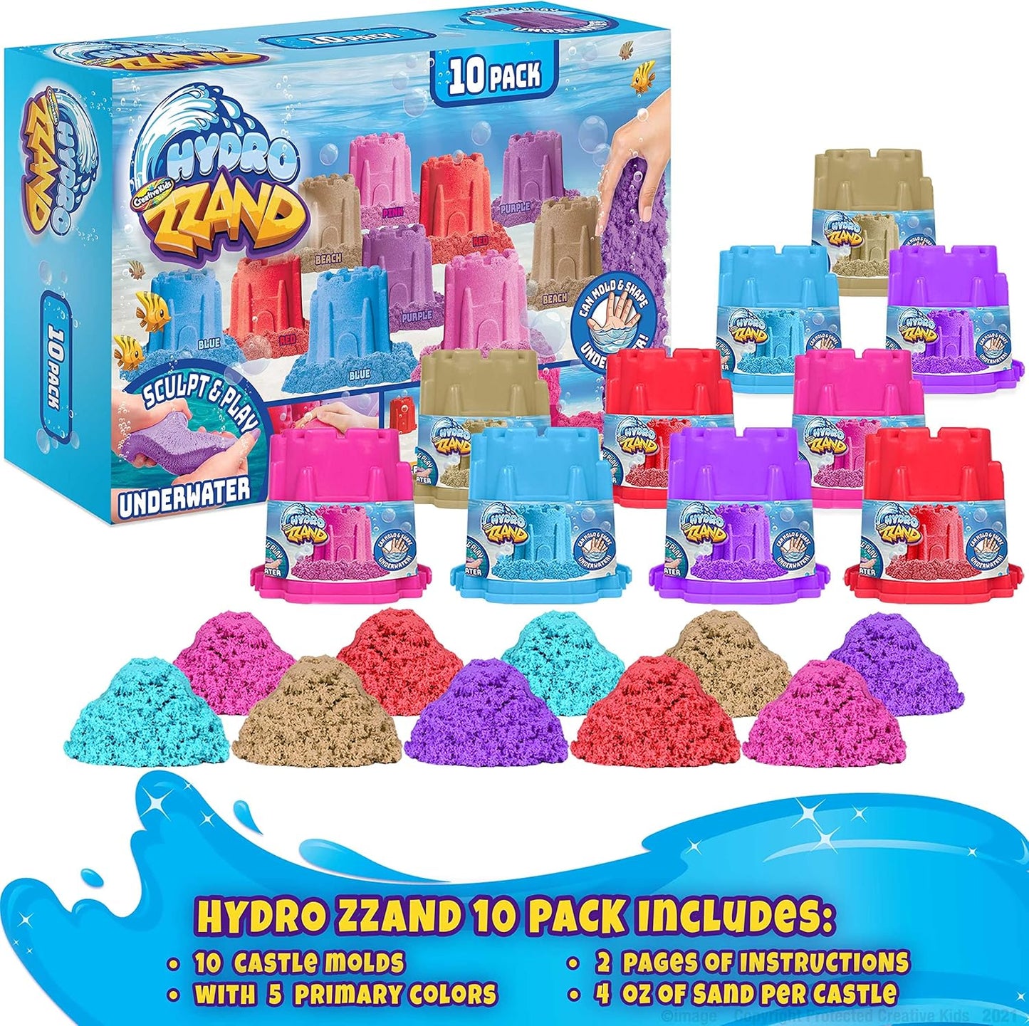 Hydro Zzand Play Sand Art Kit – 10 Individual Colored Castle Molded Bulk Pack – Satisfying Sensory Art – Therapeutic Sand Party Favor Birthday Gift for Boys & Girls 3+