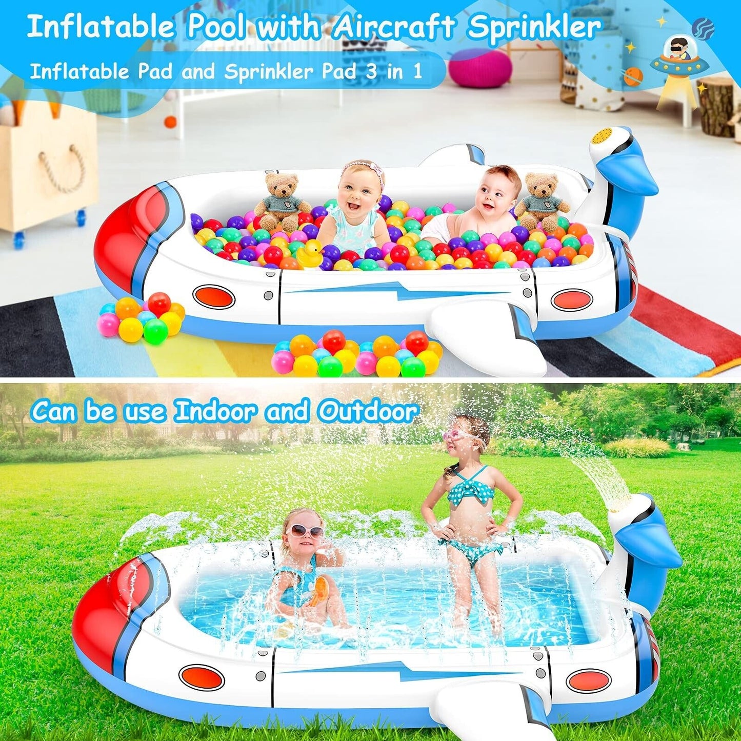 Kiddie Pool for Toddlers, Splash Pad for Kids Ages 4-8, 68" Inflatable 3-In-1...