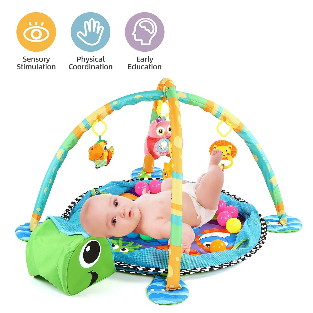 3-In-1 Baby Gym and Play Mat, Baby Activity with Ocean Ball Sensory Toys, 0-36 Months