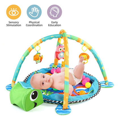 3-In-1 Baby Gym and Play Mat, Baby Activity with Ocean Ball Sensory Toys, 0-36 Months