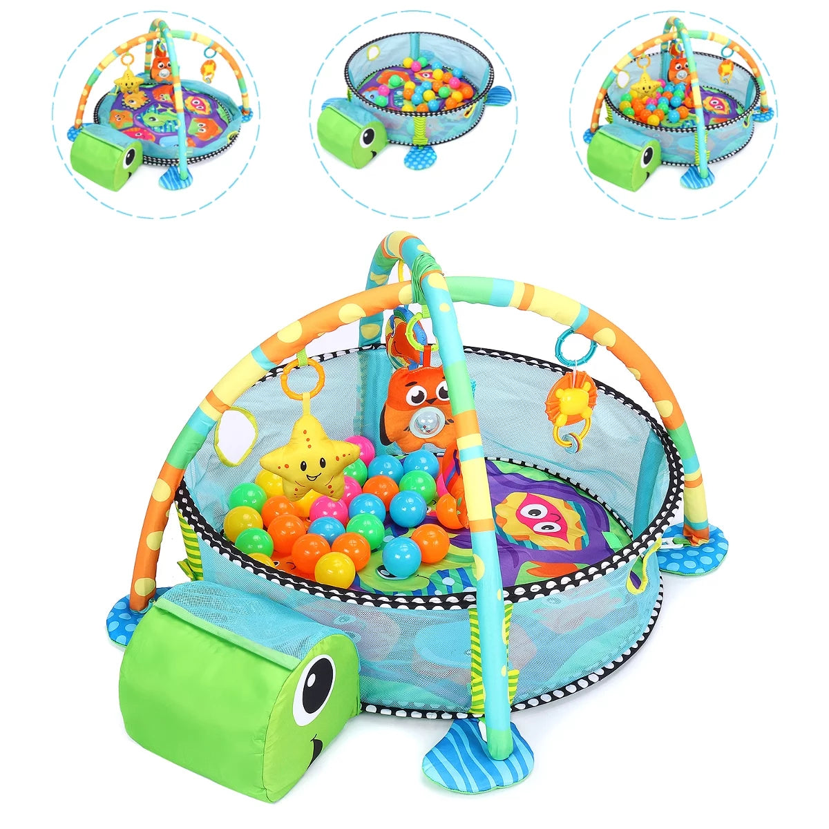 3-In-1 Baby Gym and Play Mat, Baby Activity with Ocean Ball Sensory Toys, 0-36 Months