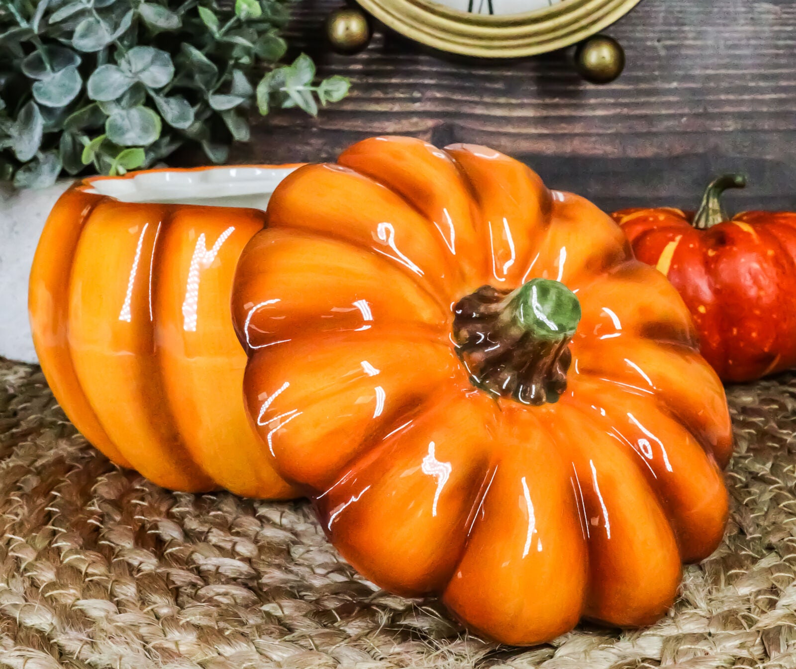 Ebros Home and Kitchen Orange Ceramic Pumpkin Soup or Dessert Bowl Set of 2