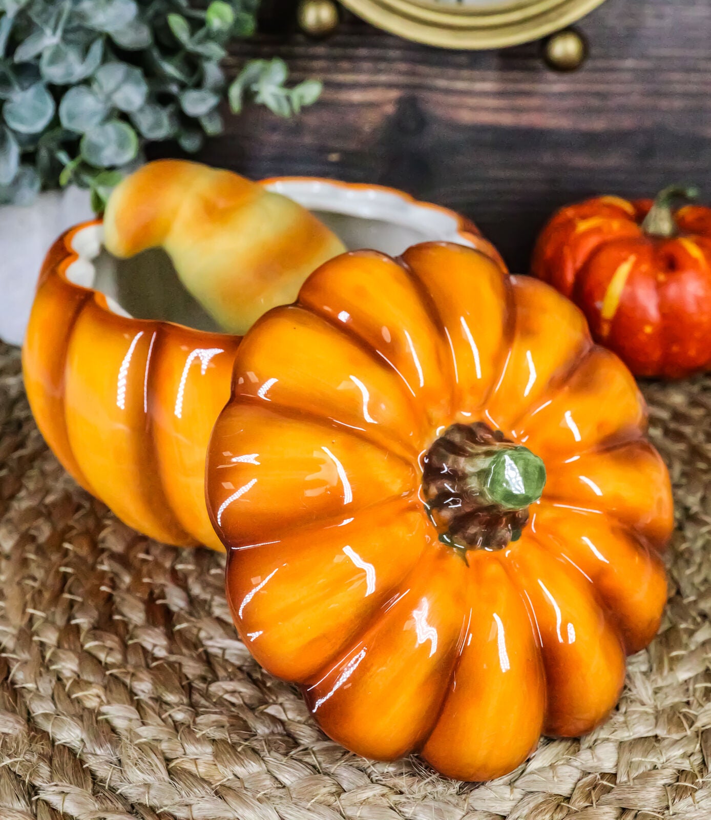 Ebros Home and Kitchen Orange Ceramic Pumpkin Soup or Dessert Bowl Set of 2