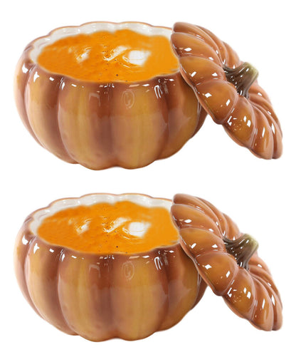 Ebros Home and Kitchen Orange Ceramic Pumpkin Soup or Dessert Bowl Set of 2