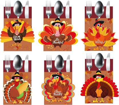 Thanksgiving Cutlery Holder Set 24PCS Thanksgiving Table Decor Set Thanksgiving Table Setting Decorations Thanksgiving Turkey Utensil Décor for Thanksgiving Autumn Fall Harvest Party Table Decoration