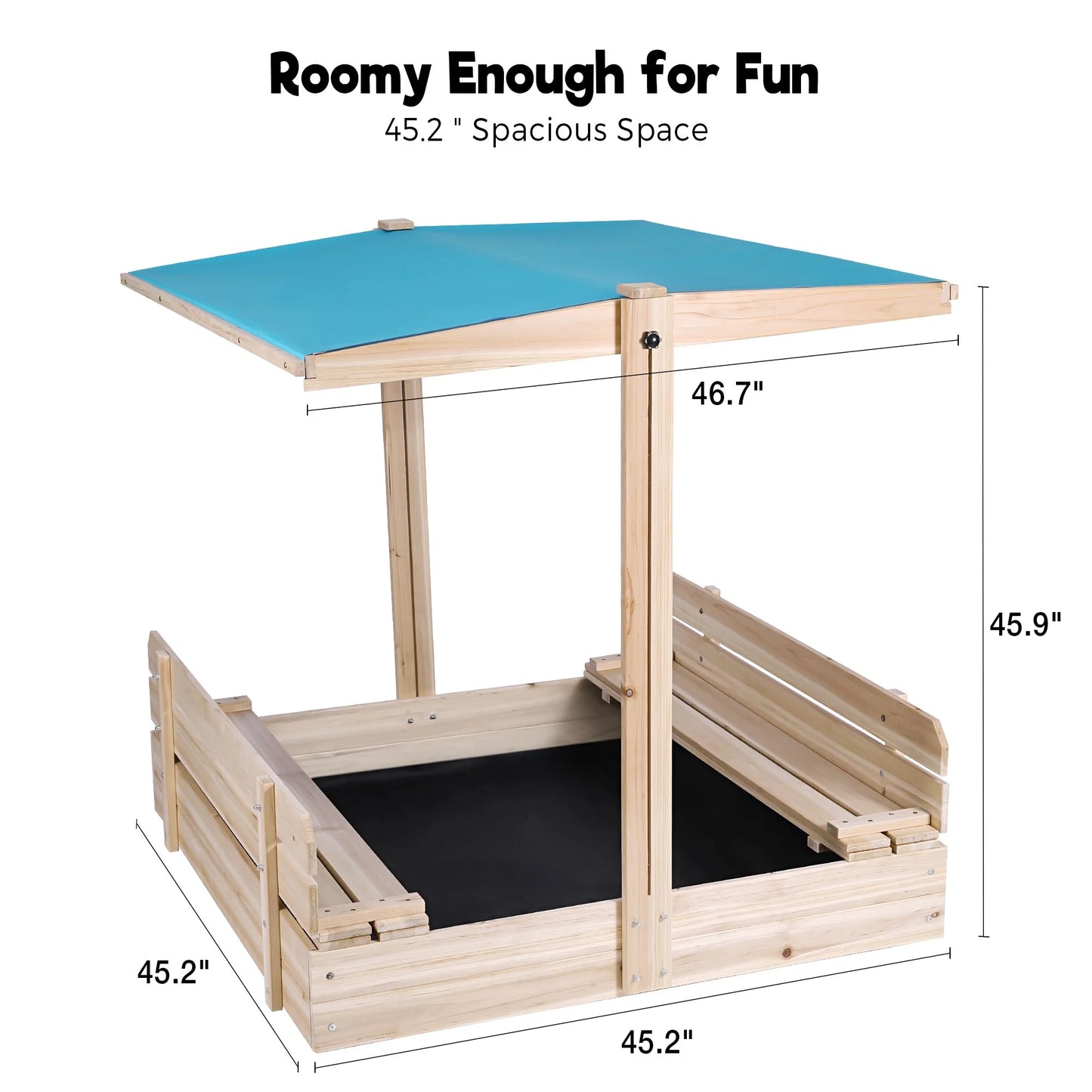 Kids Wooden Sandbox with Canopy,Height Adjustable Uv-Resistant Canopy Roof 2 Bench Seats Cover Sand Boxes,Children Outdoor Sandbox W/ Lid for Backyard, Lawn(45.2X45.2In)