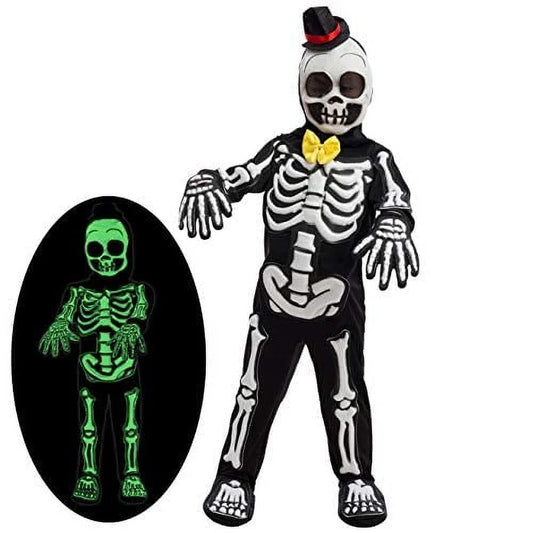 Skeletones Costume for Kids Cosplay, Halloween Dress up Costume, Glow in the Dark Skeleton Jumpsuit, S