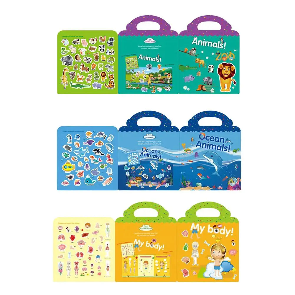 Children Stickers Books Reusable Scenes Stickers for Kids Animal Paradise Marine Life My Body Baby Education Puzzle Stickers