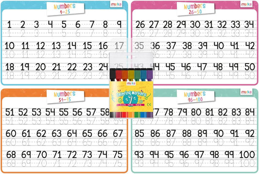 4 Pack Educational Placemats for Kids with 7 Dry Erase Markers, Toddler Placemats for Dining Table, Tracing Activity Learn to Write Numbers 1-100