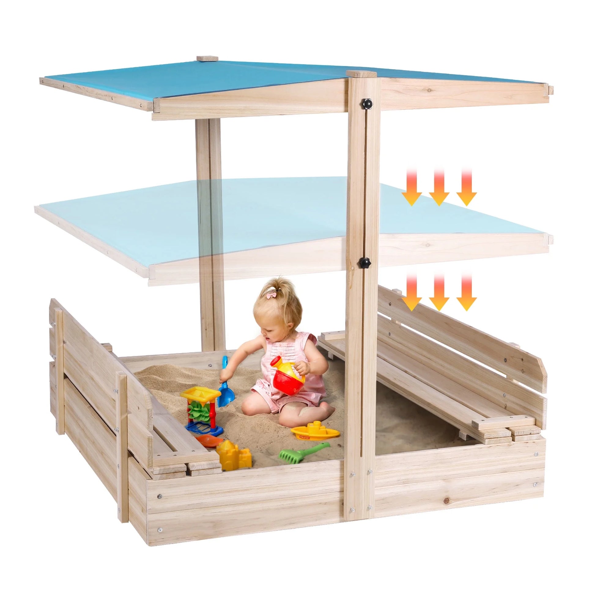 Kids Wooden Sandbox with Canopy,Height Adjustable Uv-Resistant Canopy Roof 2 Bench Seats Cover Sand Boxes,Children Outdoor Sandbox W/ Lid for Backyard, Lawn(45.2X45.2In)