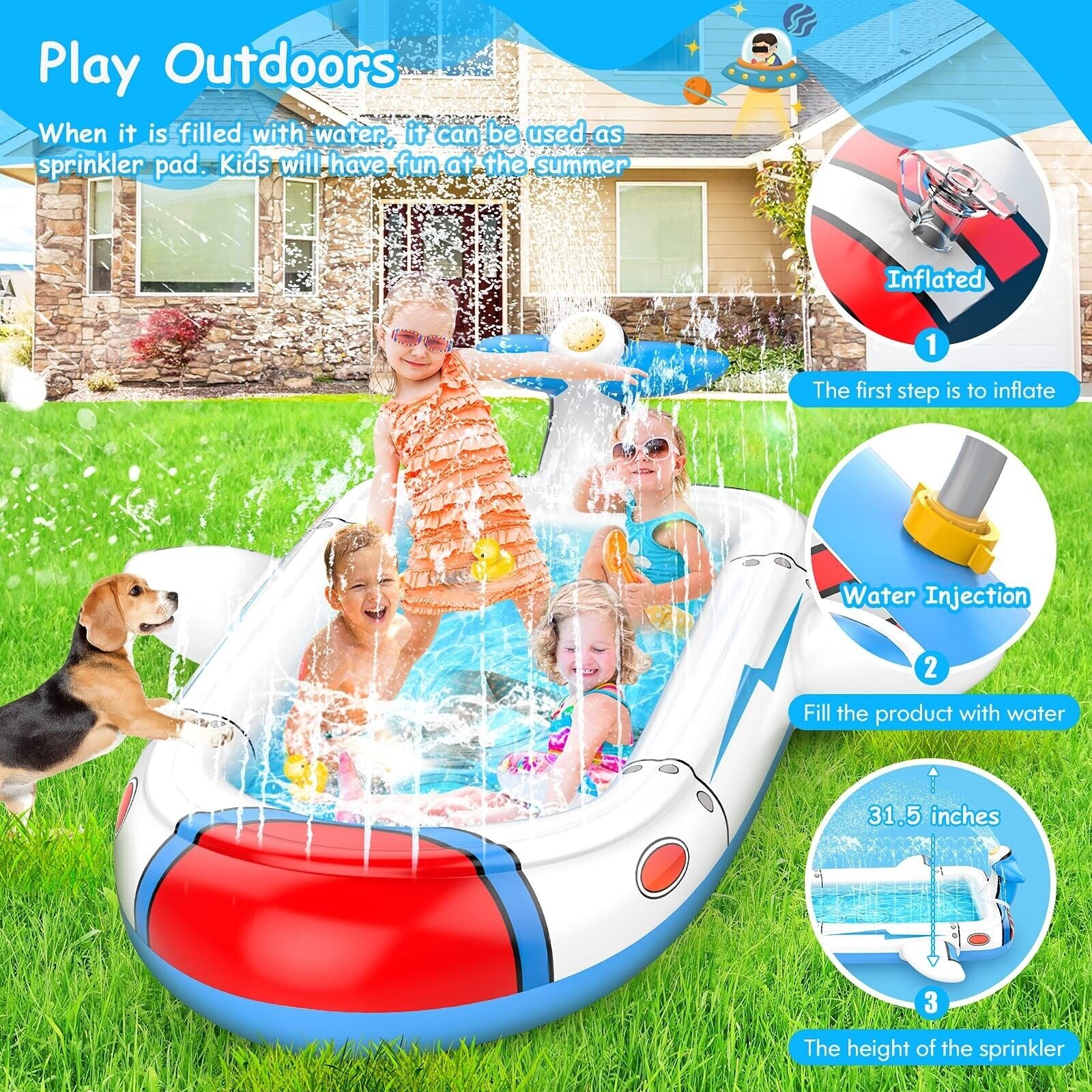 Kiddie Pool for Toddlers, Splash Pad for Kids Ages 4-8, 68" Inflatable 3-In-1...