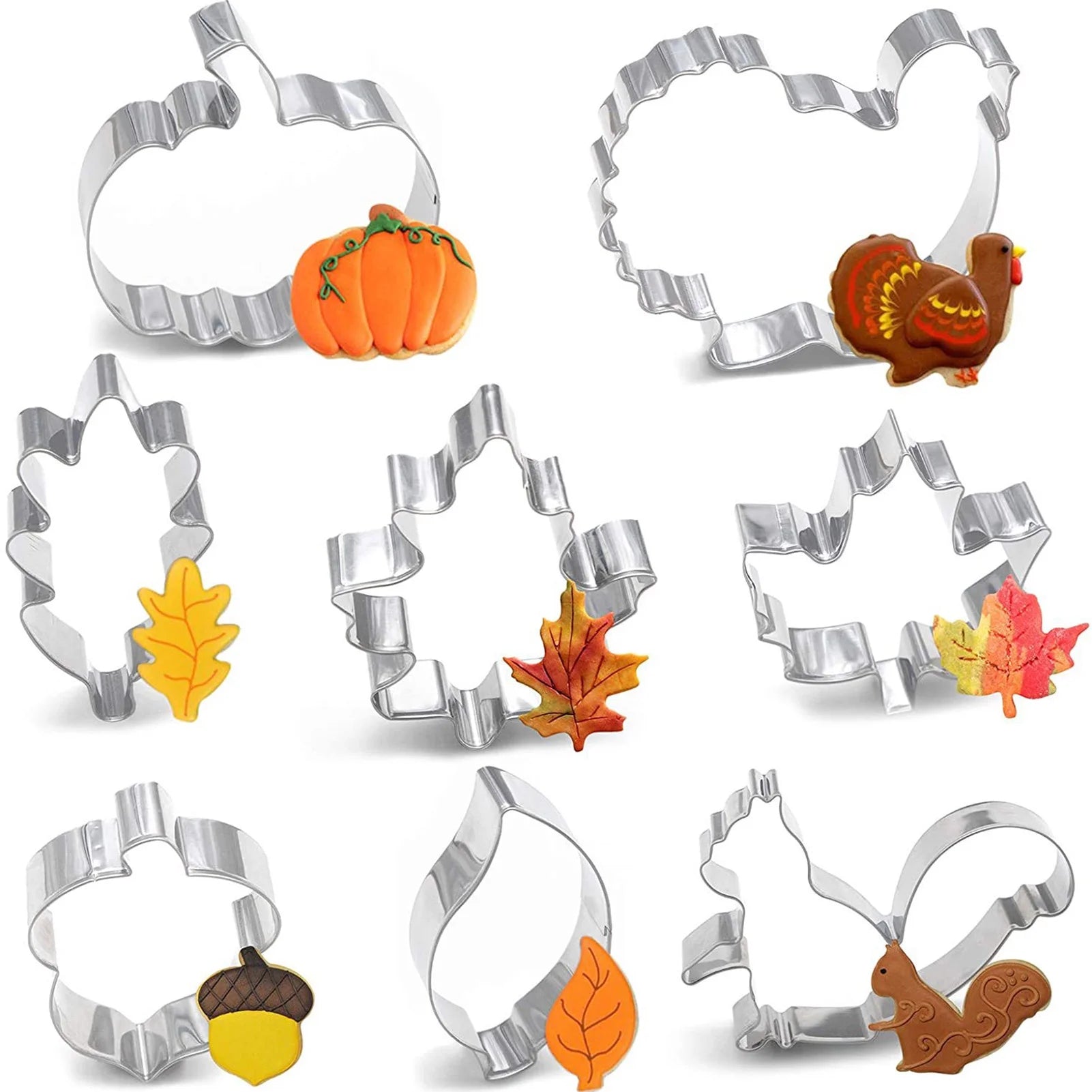 8Pcs/Set Stainless Steel Fall Thanksgiving Cookie Cutters Pumpkin Turkey Maple Leaf Oak Leaf Squirrel Candy Corn And