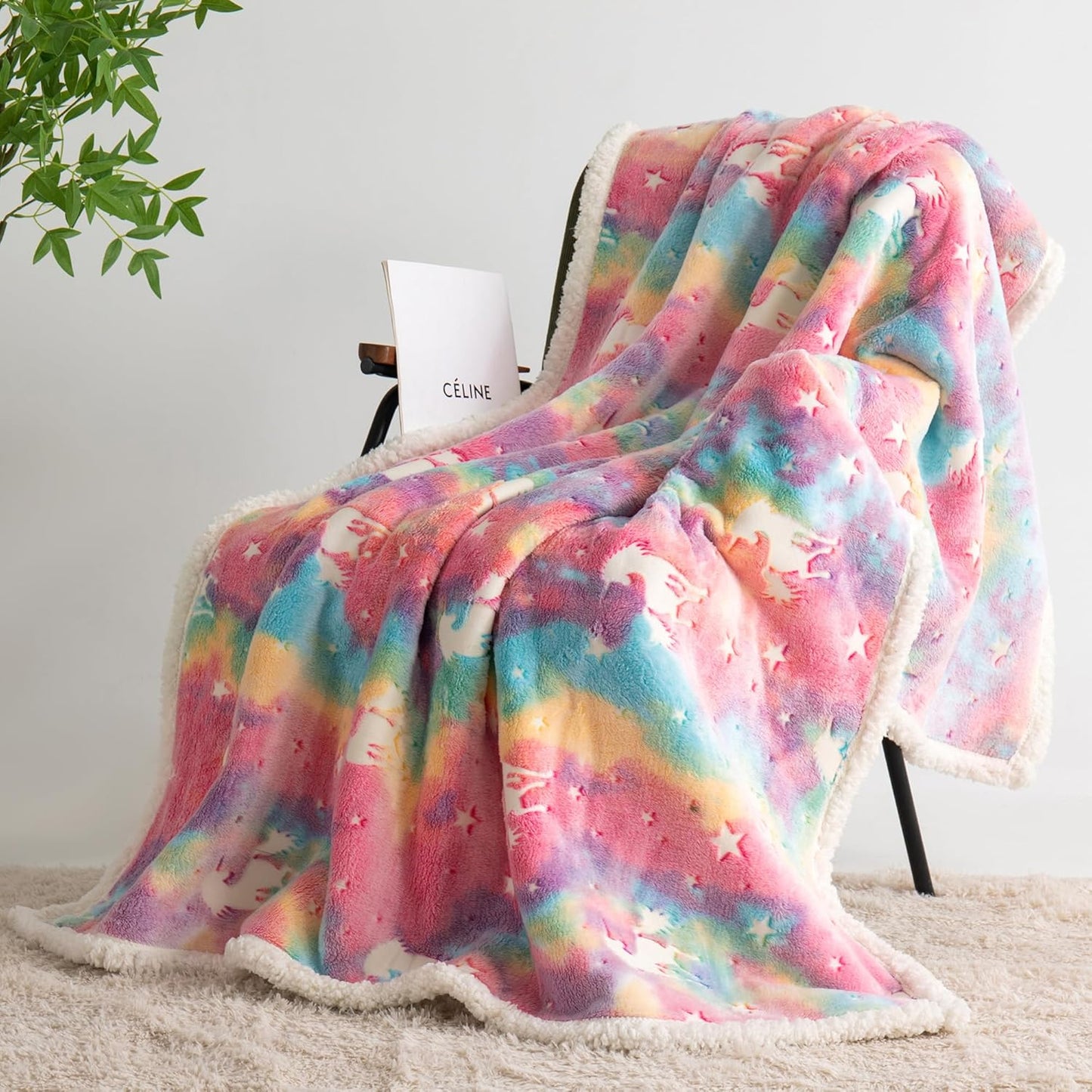 Glow in the Dark Sherpa Unicorn Throw Blanket for Boys Girls, Luminous Rainbow Thick Blanket Birthday for Kids Toddlers, Cozy Soft Fluffy Flannel Nap Sleep Blanket, 50" X 60"