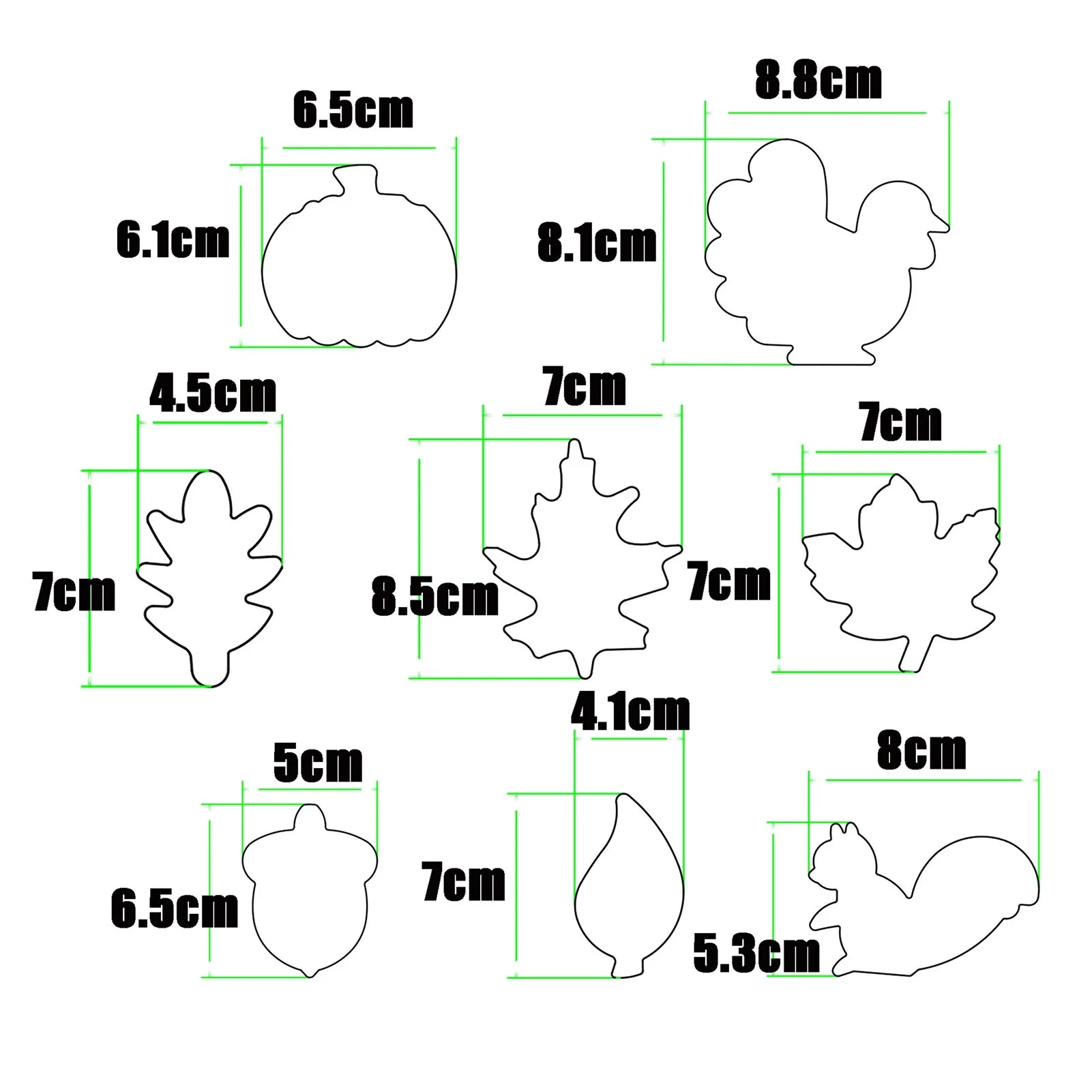 8Pcs/Set Stainless Steel Fall Thanksgiving Cookie Cutters Pumpkin Turkey Maple Leaf Oak Leaf Squirrel Candy Corn And