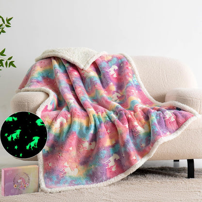 Glow in the Dark Sherpa Unicorn Throw Blanket for Boys Girls, Luminous Rainbow Thick Blanket Birthday for Kids Toddlers, Cozy Soft Fluffy Flannel Nap Sleep Blanket, 50" X 60"