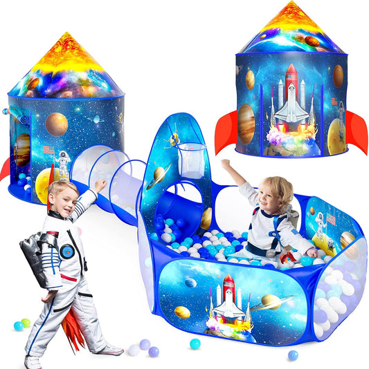 3PC Ball Pits for Toddlers with Kids Play Tent and Kids Tunnel for Boys & Girls, Baby Pop up Playhouse Toy for Indoor/Outdoor Games, Astronaut Ships Birthday Gifts for Years Old